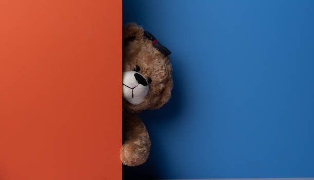 istock brown teddy bear is hiding behind blue background 1589879368