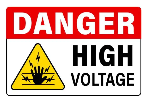 Vector illustration of Danger, high voltage. Warning sign with text and symbols.
