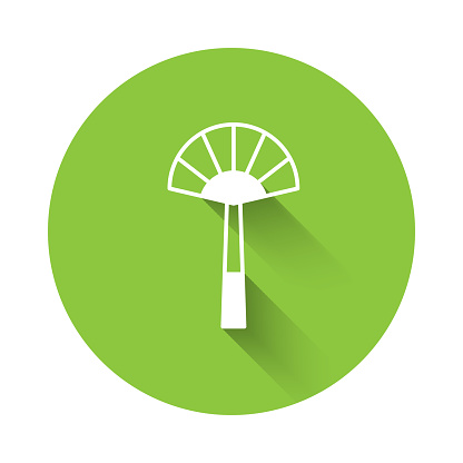 White Egyptian fan icon isolated with long shadow background. Green circle button. Vector.