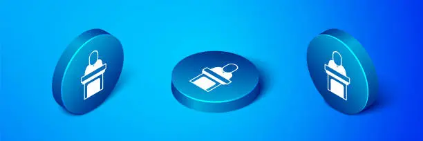 Vector illustration of Isometric Church pastor preaching icon isolated on blue background. Blue circle button. Vector