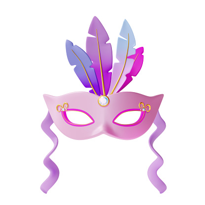 3d Mardi Gras Traditional Mask with Feathers Concept Cartoon Style Element of Costume Festival. Vector illustration