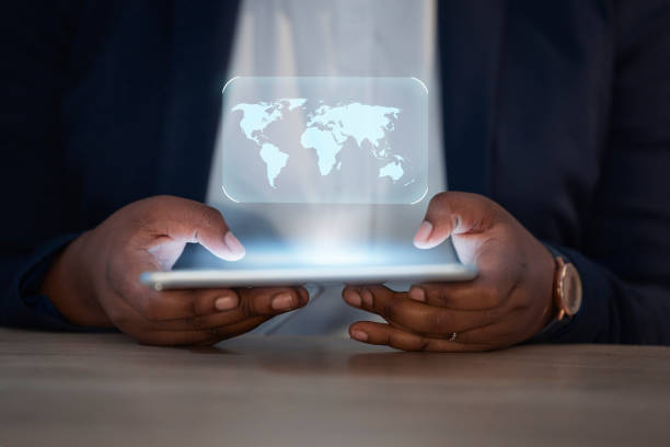 istock Map hologram, tablet and business hands for global networking, futuristic technology and digital software app. Optimize connection, night tech screen and professional person with worldwide overlay 1589902994