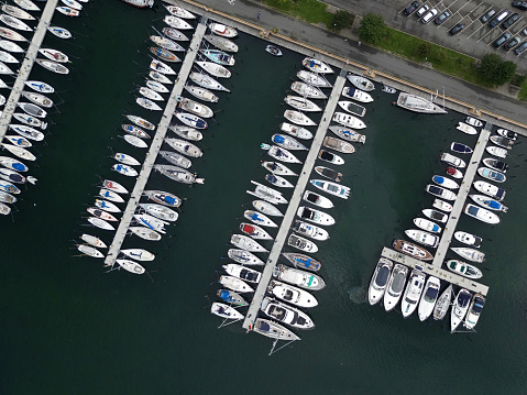 Aerial view of the small boats in the little Marina of Aarhus on a sunny day in Aarhus Denmark