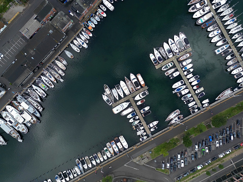 Aerial view of the small boats in the little Marina of Aarhus on a sunny day in Aarhus Denmark