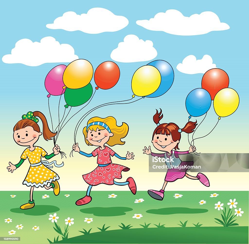 Girls Running with Colorful Balloons Three little girls playfully running about with balloons. Playground stock vector