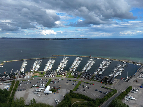 Aerial view of the small boats in the Marina of Egå on a sunny day in Aarhus Denmark