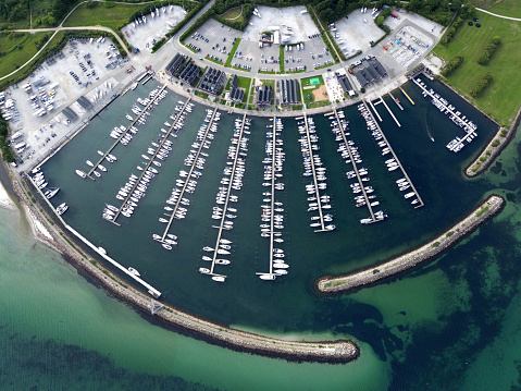 Aerial view of the small boats in the Marina of Egå on a sunny day in Aarhus Denmark