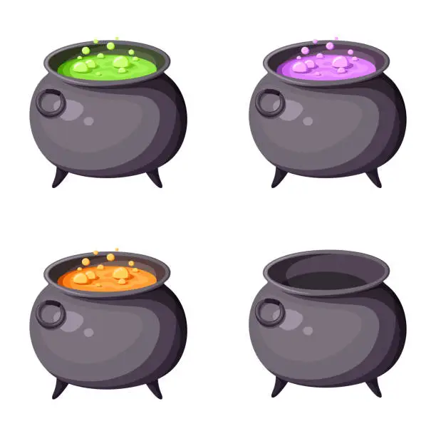 Vector illustration of Witches cauldrons with potions. Vector illustrations
