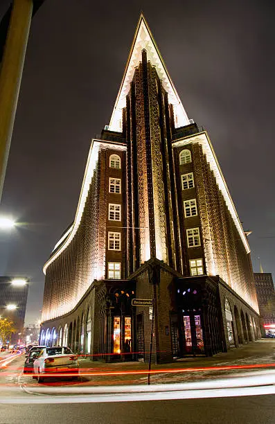 Illuminated architecture, Hamburg, Germany. Chilehaus, built in the 1920s. Chilehouse, a monument of architecture in hamburg.