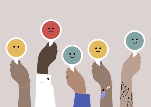 ilustraciones, imágenes clip art, dibujos animados e iconos de stock de una multitud diversa de personas que muestran signos con reacciones mixtas, malas, buenas y neutrales. - expresión facial