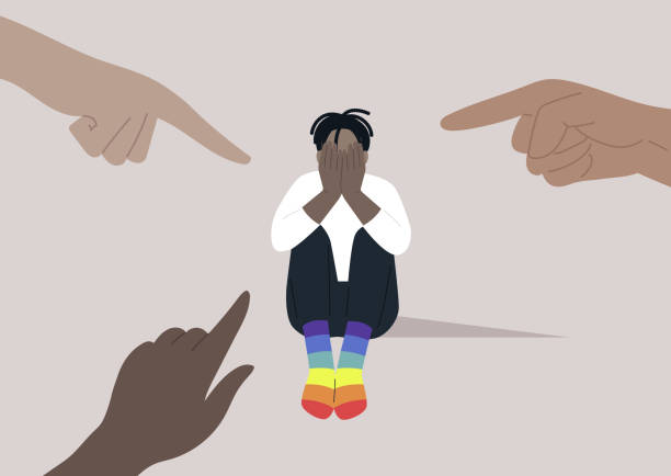 fingers pointing at an lgbtq individual, highlighting the issue of homophobia within a society that is unkind and intolerant - racism stock illustrations