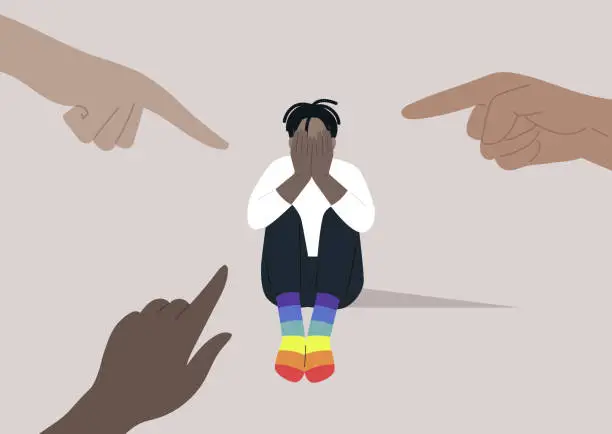 Vector illustration of Fingers pointing at an LGBTQ individual, highlighting the issue of homophobia within a society that is unkind and intolerant