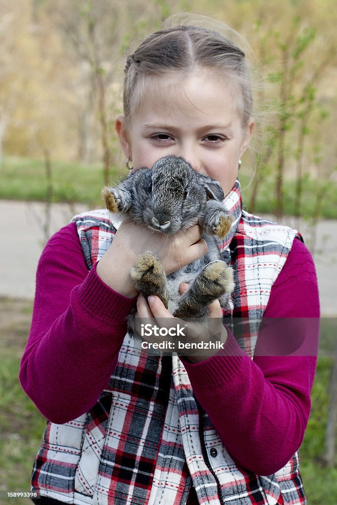 girl and rabbit girl holding a rabbit in her arms Animal Stock Photo