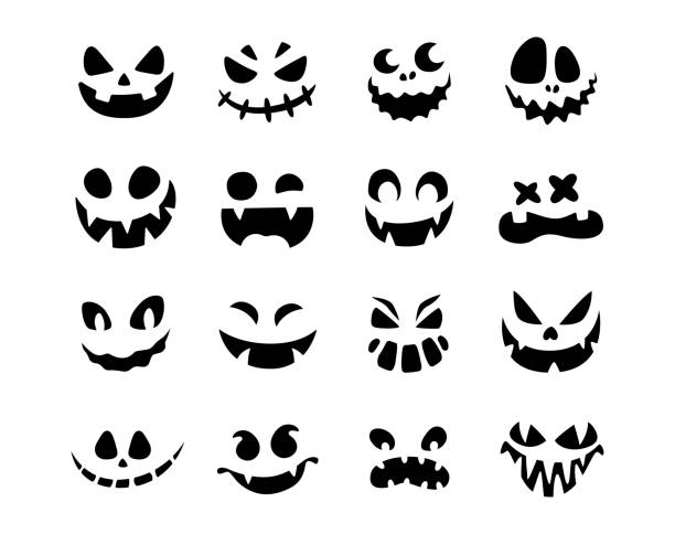 illustrations, cliparts, dessins animés et icônes de ensemble de silhouettes de visages de citrouilles d’halloween, - anthropomorphisme