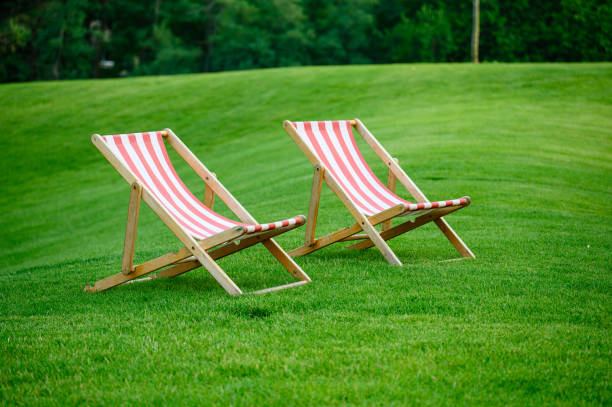 Striped chaise longue surrounded by flowers and plants in Summer