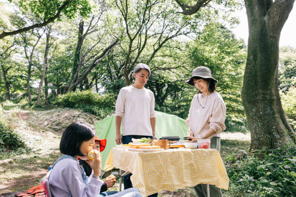 istock Japanese family cooking outdoors while camping 1589947041