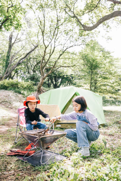 istock Japanese brother and sister bringing sticks together for camping firepit 1589947068