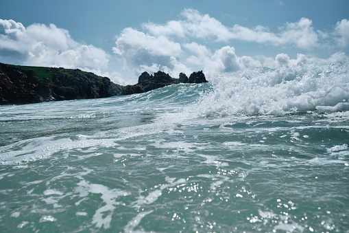 Powerful sea waves splash, natural background