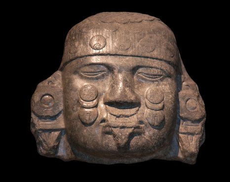 Head of Coyolxauhqui, Mexica-Aztec, Tenochtitlan, Mexico, c. A. D. 1500, Diorite. In Aztec mythology, Coyolxauhqui (\