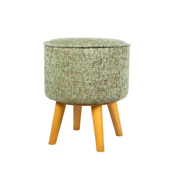 istock Textile fabric padded stool with wooden legs isolated on a white background 1589964892