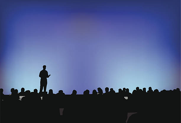 Presenter Presenting in front of crowd. conference event stock illustrations