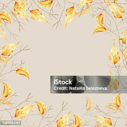 istock Watercolor autumn frame with tree branch golden foliage. Hand painting sketch isolated on white background. For designers, decoration, shop, for postcards, wrapping paper, covers. For posters and textile 1589983101