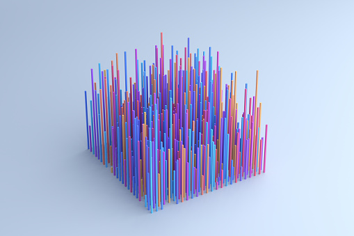 Front view on multi colored artificial 3D cube block structures organized in a grid pattern