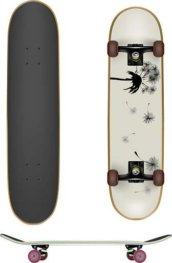 Three illustrated views of a skateboard. A simplistic design is on the bottom. Zoom in and check out the detail.