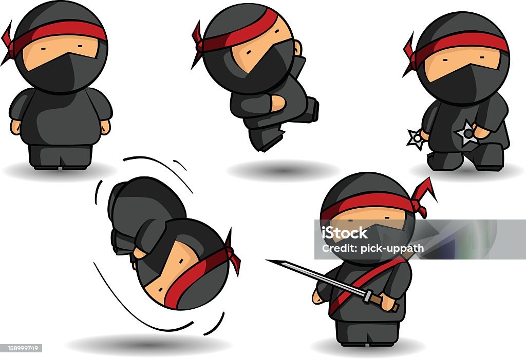 Five ninja cartoons with various weapons Five deadly Ninjas jumping, flipping, kicking and posing. Ninja stock vector