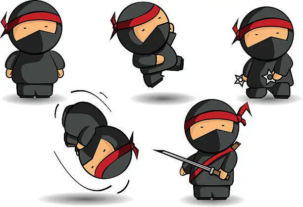 Vector illustration of Five ninja cartoons with various weapons