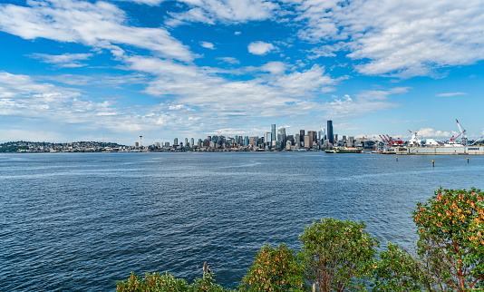 A view of the Seattle skyline across Elliott Bay in Washington State.
