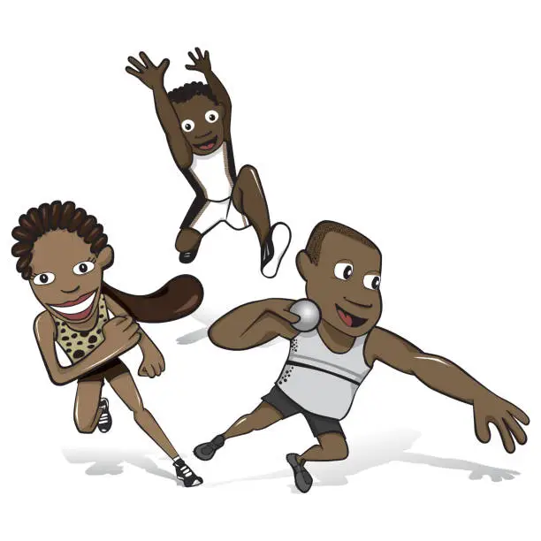 Vector illustration of African athletes isolated set, long jump, running and discus throw.