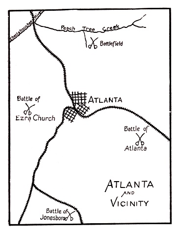 Campaign Map to Atlanta; Union General William Tecumseh Sherman marched his army through the South, ending in Savannah, Georgia, destroying everything in their path to cut off supplies and rail transportation for the Confederate army.
