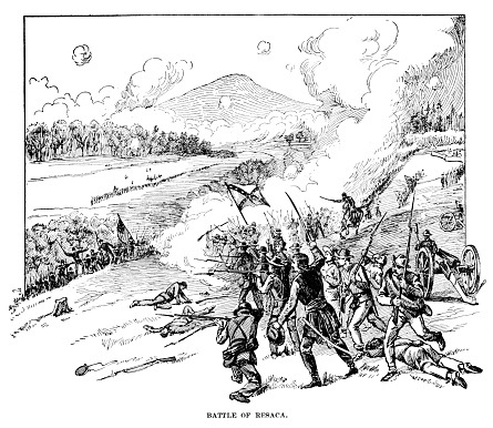 Battle of Resaca, Georgia; Union General William Tecumseh Sherman marched his army through the South, ending in Savannah, Georgia, destroying everything in their path to cut off supplies and rail transportation for the Confederate army. Engraving published 1896. Original edition is from my own archives. Copyright has expired and is in Public Domain.