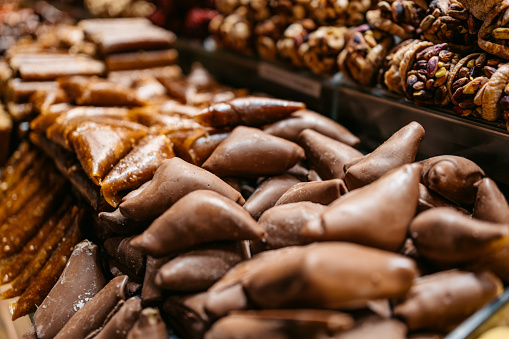 Baklava covered in chocolate. Trays of fresh baklava at the Grand Bazaar (Kapali Carsi ) in Istanbul, Turkey.