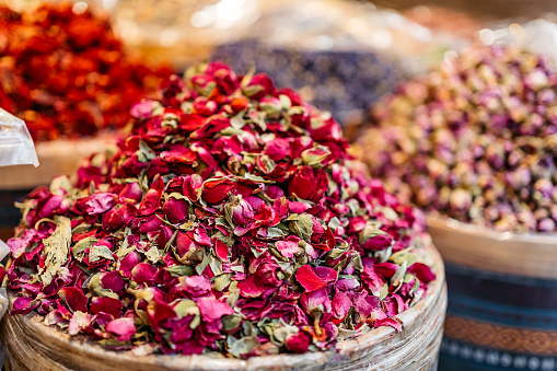 Dried tea rose leaves at the Spice Bazaar in Istanbul, Turkey.