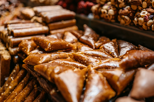 Trays of fresh baklava at the Grand Bazaar (Kapali Carsi ) in Istanbul, Turkey.