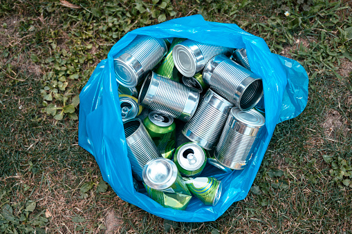Aluminum cans in blue garbage bag on grass ready for recycling. Copy space