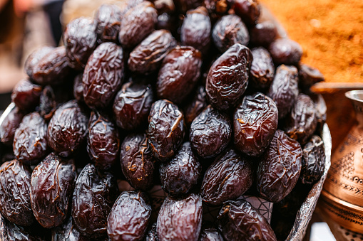 Dried dates at the Spice Bazaar in Istanbul, Turkey. Close-up shot.