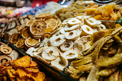Variety of dried fruits at the Spice Bazaar in Istanbul, Turkey.