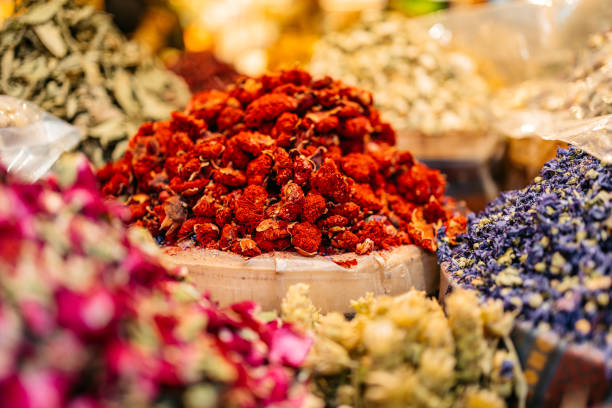 Variety of dried fruits sold at an Arabic market stall