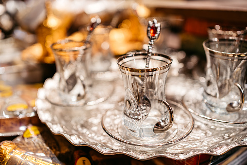 Traditional Turkish tea set at Grand Bazaar in Istanbul.