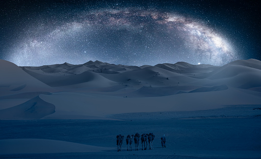 Camel caravan in the desert with Milky Way galaxy -  Sahara, Morrocco