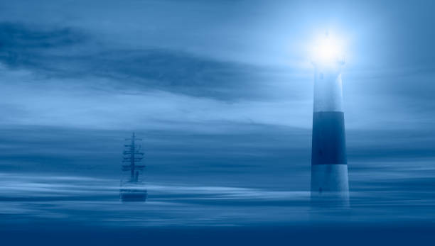 stary żaglowiec na mglistym morzu z latarnią morską w tle - sea storm sailing ship night zdjęcia i obrazy z banku zdjęć
