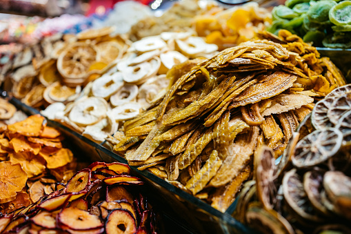 Variety of dried fruits at the Spice Bazaar in Istanbul, Turkey.