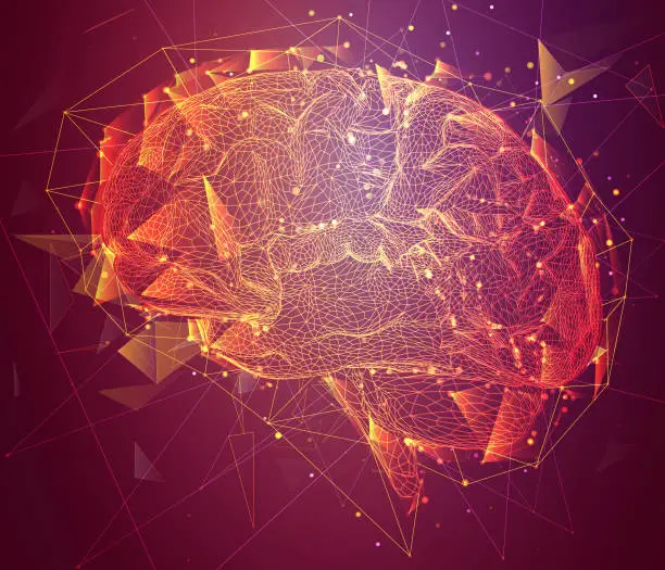 Vector illustration of three-dimensional vector cyber brain. neural network mega-data processing, template interface design