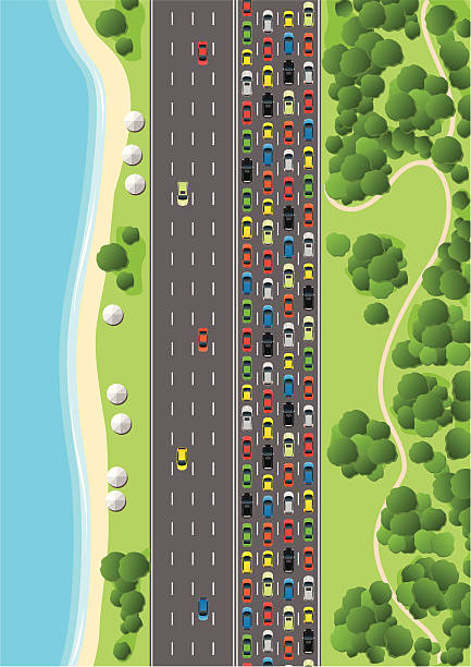 Traffic Jam on Multiple Lane Highway Aerial View of a Suburb with Traffic Jam. traffic illustrations stock illustrations