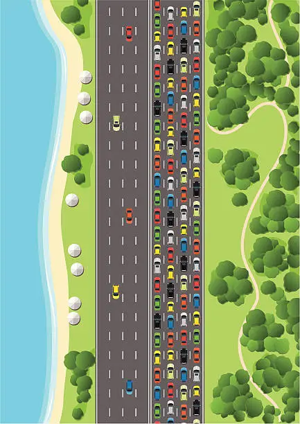 Vector illustration of Traffic Jam on Multiple Lane Highway