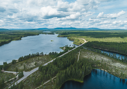 A country road through green forest and a wide river. Seen from above at summer in the landscape of Dalarna, Sweden.