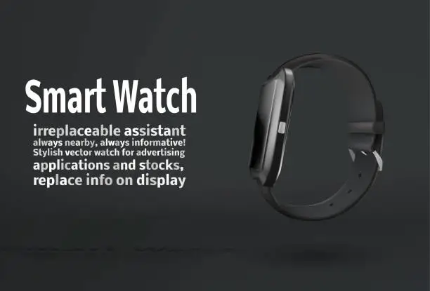 Vector illustration of modern smart watch on a dark background with place for advertising text